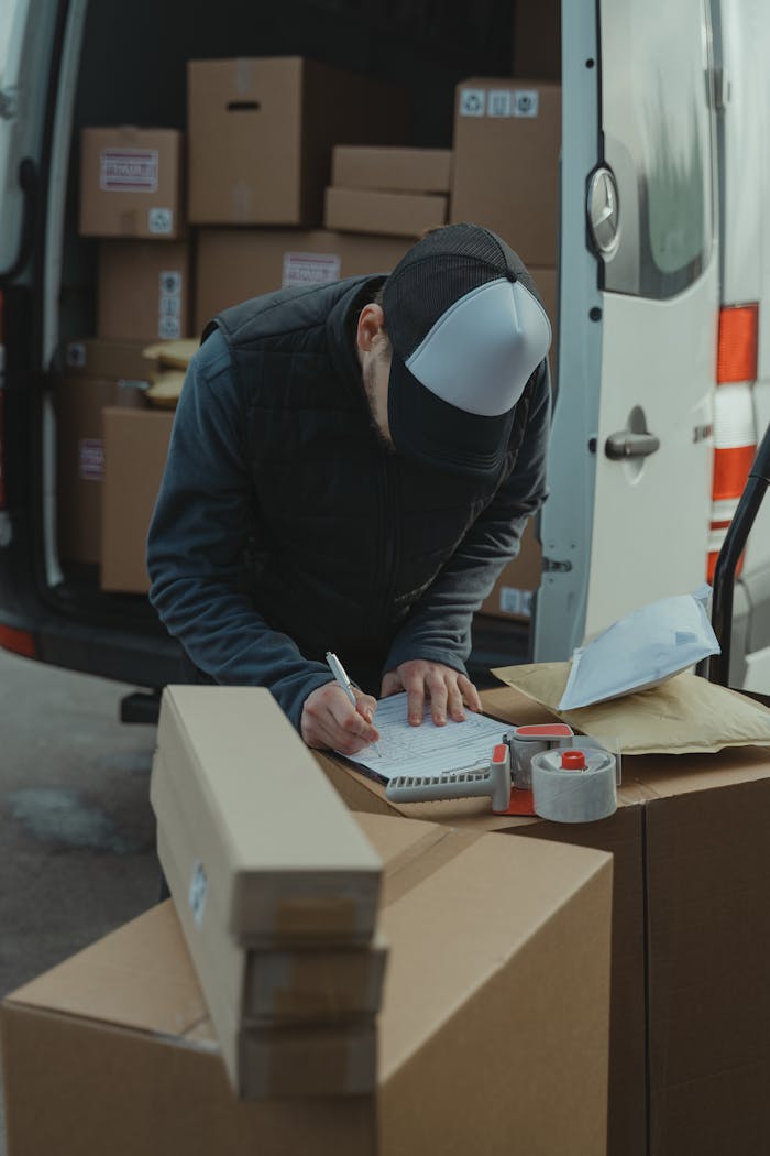 who-we-are Courier organizing packages from a van, preparing for delivery in a logistics setting.